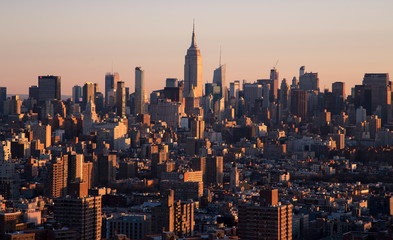 New York City Skyline at dawn Banner image. Warm tones and cool shadows