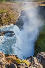 Gullfoss waterfall at sunrise is the biggest waterfall in Iceland, landscape photography