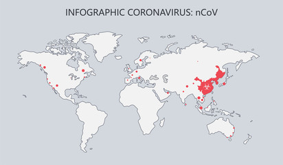 Coronavirus infographic with world map showing the centres of the outbreaks of the illness, vector illustration