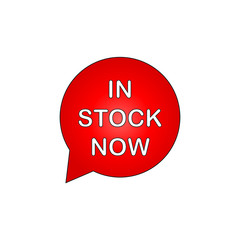 In stock now. Red Vector Banner speech bubble on white background. 
