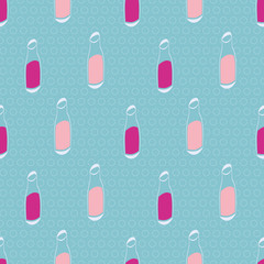 Pink juice bottles seamless vector pattern on blue. Healthy drink in enviromentaly friendly container. Simple doodle surface print design.