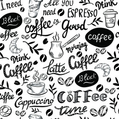 Coffee, lettering vector seamless pattern . Concept for wallpaper, wrapping paper, menu, cards 