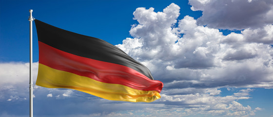 Germany national flag waving on blue sky background. 3d illustration