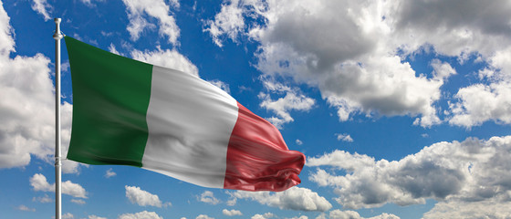 Italy national flag waving on blue sky background. 3d illustration