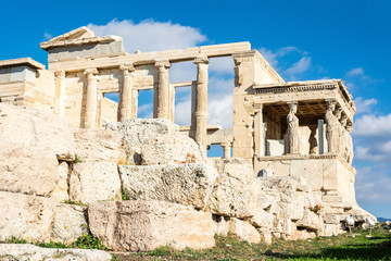 Ruins of Erechtheion temple at the Acropolis of Athens in Greece