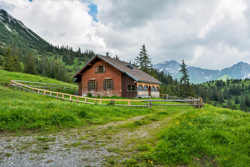 Wooden cabin in Sass village of Liechtenstein.