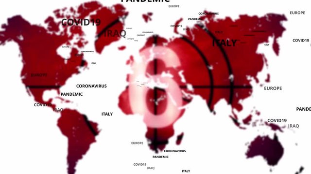 Coronavirus countdown animation of global epidemic. World map with old time film leader and virus infection places. COVID-19 concept motion background animation.