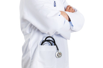 Cropped shot of an unrecognizable male doctor standing with his arms folded with white background