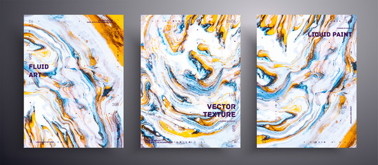 Abstract vector banner, texture pack of fluid art covers. Beautiful background that can be used for design cover, poster, brochure and etc. Blue, golden and white unusual creative surface template