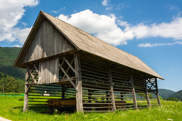 Traditional wooden hayrack in Studor village in Slovenia