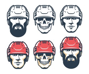 Hockey player head with beard. Skull Sport retro illustration. Vintage vector.