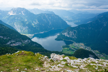 View over Hallstatter See lake and towns of Hallstatt and Obetraun in Austria