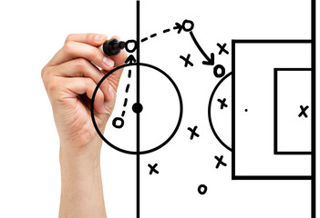 Coach drawing football or soccer game playbook, strategy and tactics with black marker on white...