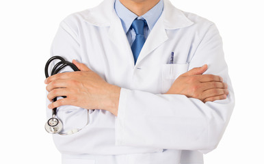 shot of an unrecognizable male doctor standing with his arms folded isolated on white background