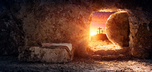 Tomb Empty With Shroud And Crucifixion At Sunrise - Resurrection Of Jesus Christ - obrazy, fototapety, plakaty