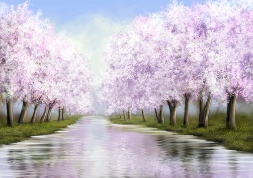 Digital oil paintings landscape,  spring in the park. Fine art.