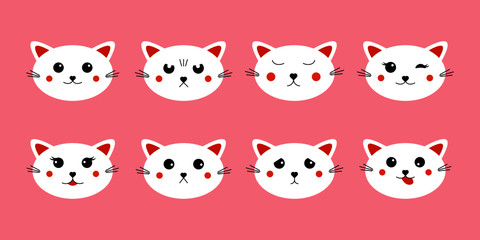 Obraz premium Cute kawaii cat set. Funny kittens with happy, sad, angry, shy emotions, baby animal design for print, fabric, poster. Vector illustration isolated on pink background