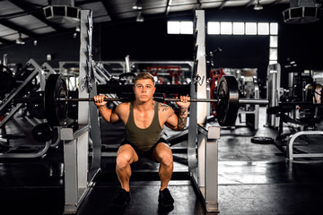 Fototapeta na wymiar Fit young man do barbell squats during a gym workout