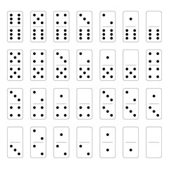 Domino set of 28 tiles. White pieces with black dots. Simple flat vector illustration