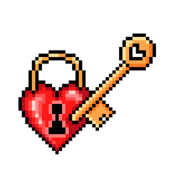 Red glossy heart-shaped lock with a golden key, pixel art icon isolated on white background. 8 bit fidelity, wedding, marriage, love symbol. Old school vintage retro slot machine/video game graphics.