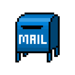 Blue mailbox, pixel art icon isolated on white background. 8 bit post box symbol. Old school vintage retro slot machine/video game graphics.