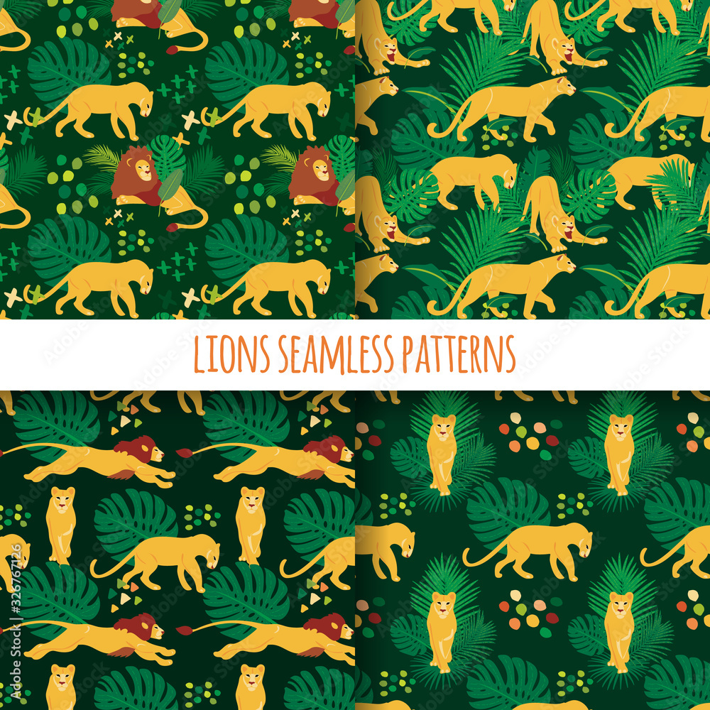 Aufkleber lion. set of vector hand drawn seamless patterns. ornament with predators. wild cats background.
