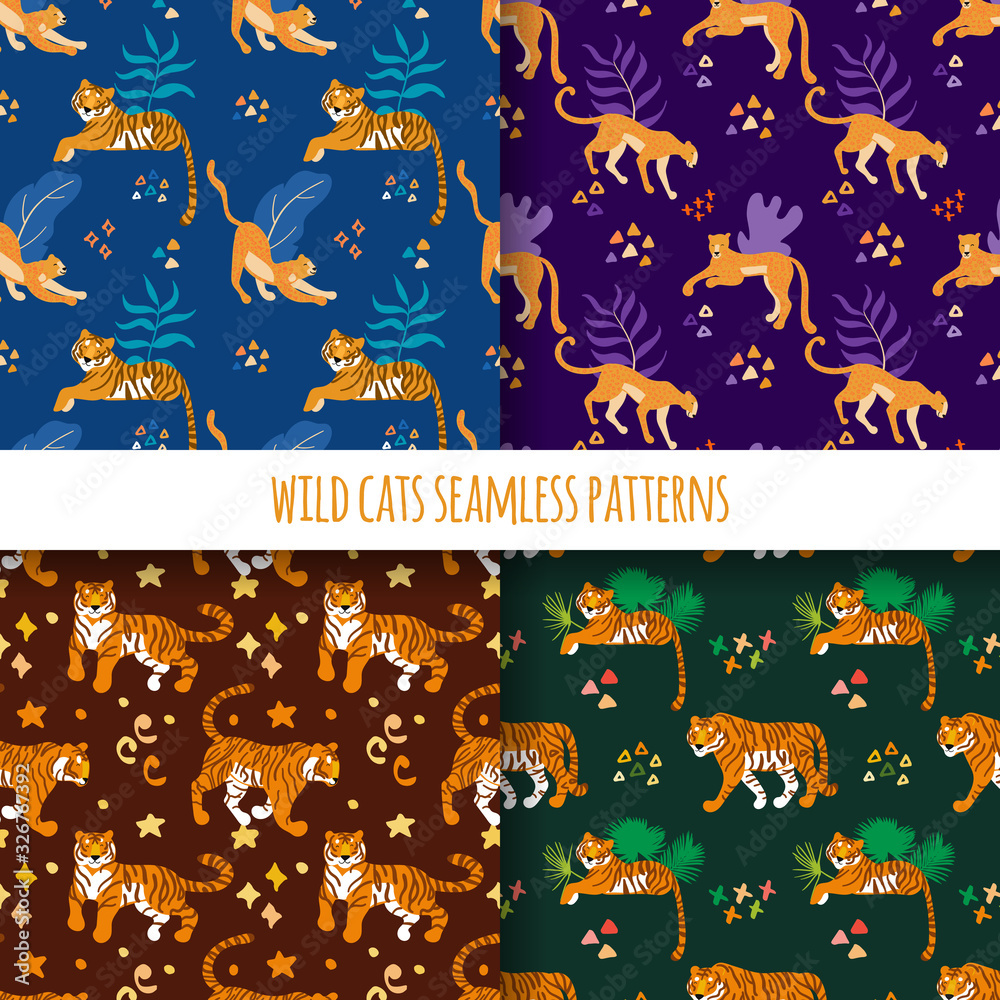 Aufkleber Tigers and jaguars. Vector hand drawn seamless pattern. Ornament with predators. Wild cats background.