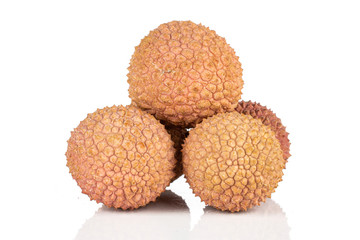 Group of five whole fresh lychee stack isolated on white background