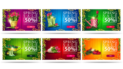 Spring sale, large set bright colorful horizontal discount banners with spring symbols, buttons and frame of garlands. Green, blue, orange, red and pink spring sales templates isolated on white 