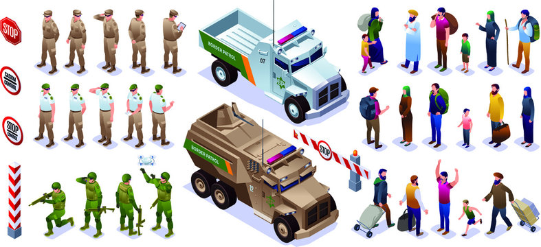 Border Guards Set Collection Guards With Special Vehicles And People Crossing The Border Warning Signs Isometric Icons On Isolated Background