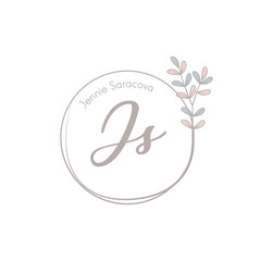 Minimalist logotype jennie saracova with leaf element vector eps 10