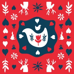 Crédence de cuisine  Spring Holiday or Merry Christmas. Folk doodle art square tile. Scandinavian style, shapes in festive colors. Folklore clipart elements - deer, hen, branch, flower, sun, heart. Red, white and indigo  © Hanna V