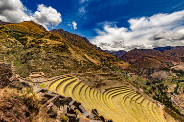 Peru, Cusco Region. Pisac, village in the Sacred Valley of Inca. Andenes (agricultural terraces),...