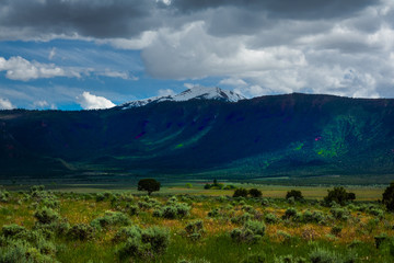 Light and Shadow pass over the snow capped peak and farm land below