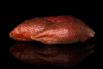 Obraz premium One whole exotic brown salak isolated on black glass