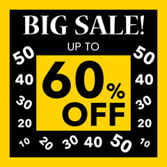 60% Off Sale banner. Big sale sign for website, social media, Instagram or printing with heart icon. Black and yellow.