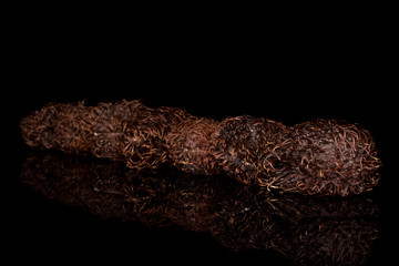 Group of seven whole old brown rambutan isolated on black glass