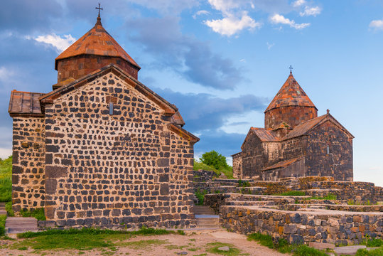 View of Sevanavank Monastery in the rays of the setting sun, sight of Armenia