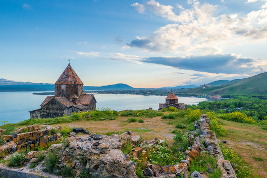 Sunset on Lake Sevan, view of the Sevanavank Monastery, Armenia&rsquo;s famous heritage