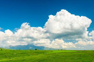 Beautiful cloud over the lush green field of Armenia against the backdrop of high mountains