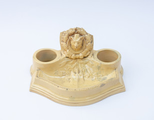 Antique fayence inkwell with foxhead - porcelain inkstand with noble signs isolated on white background