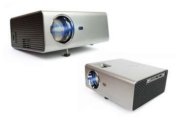 Perspective view of gray LCD Projector video presentation and home Entertainment isolated on white...