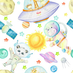Giraffe, monkey, Zebra, hippopotamus, Panda, spaceships, planets, star, on an isolated background. Watercolor seamless pattern, on the theme of space travel.