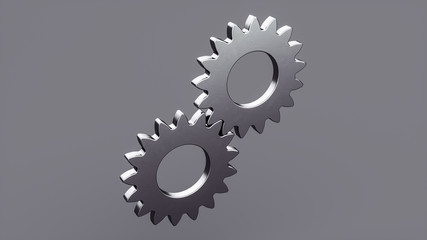 Metallic gear symbol on a gray background. 3D gear mechanism. 3D Rendering.