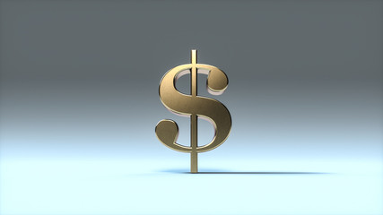 Golden Dollar sign on soft blue background. Metal Dollar sign. 3D rendering.