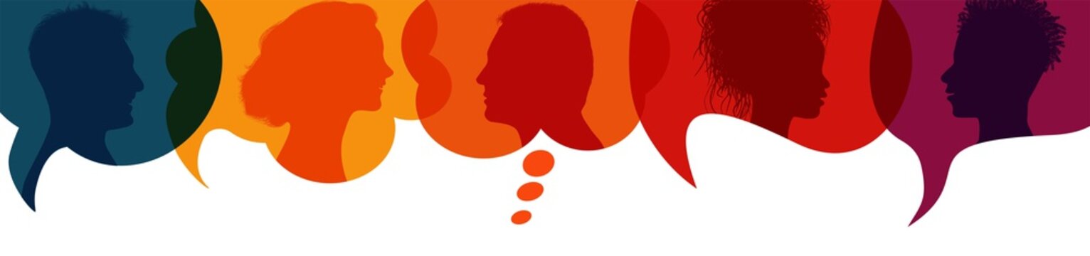 Speech bubble.Silhouette heads people in profile.Talking dialogue and inform.Communicate between a group of multiethnic and multicultural people who talk and share ideas.Diversity people