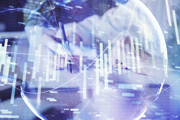 International business hud over woman's hands writing background. Concept of hard work. Double...