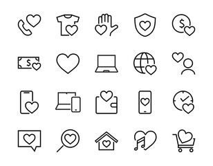 Fototapeta premium The set of icons about love contains such icons as love of music, declaration of love, heart, favorite home, Linear set. Vector on a white background. Editable stroke. 480x480