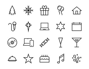 Simple set of celebration icons related to vector line. Contains icons such as music, new year, stars, balls, cake, karaoke, dj and much more. Editable stroke. 480x480.