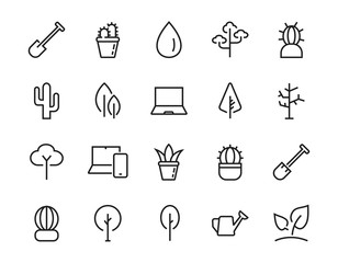   A set of Rosteniya Icons, and garden care, Vector illustration, Contains Icons such as tree, cactus, watering can, spade, flower and much more. on a white background, editable bar 480x480